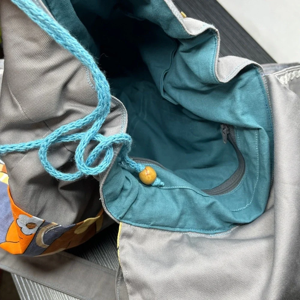 Handmade Canvas Backpack Cat Bird Print Gray Multi Color Rucksack Whimsical Bag